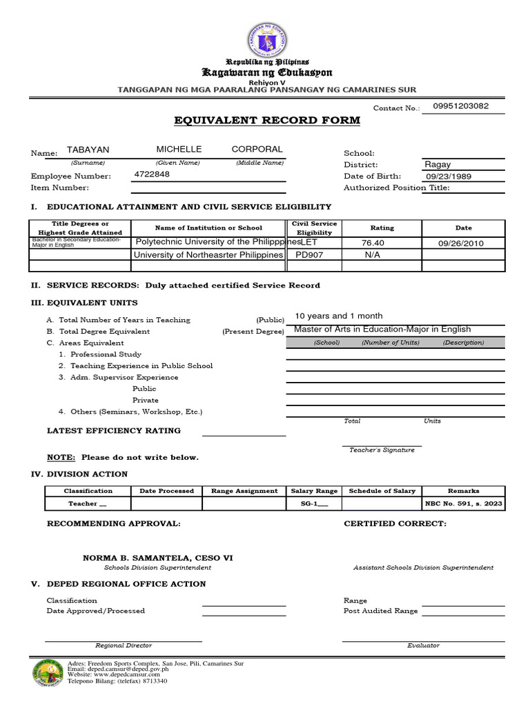 Equivalent Record Form | PDF