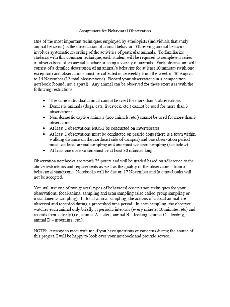 Behavioral Observation Assignment Guide | PDF | Zoology