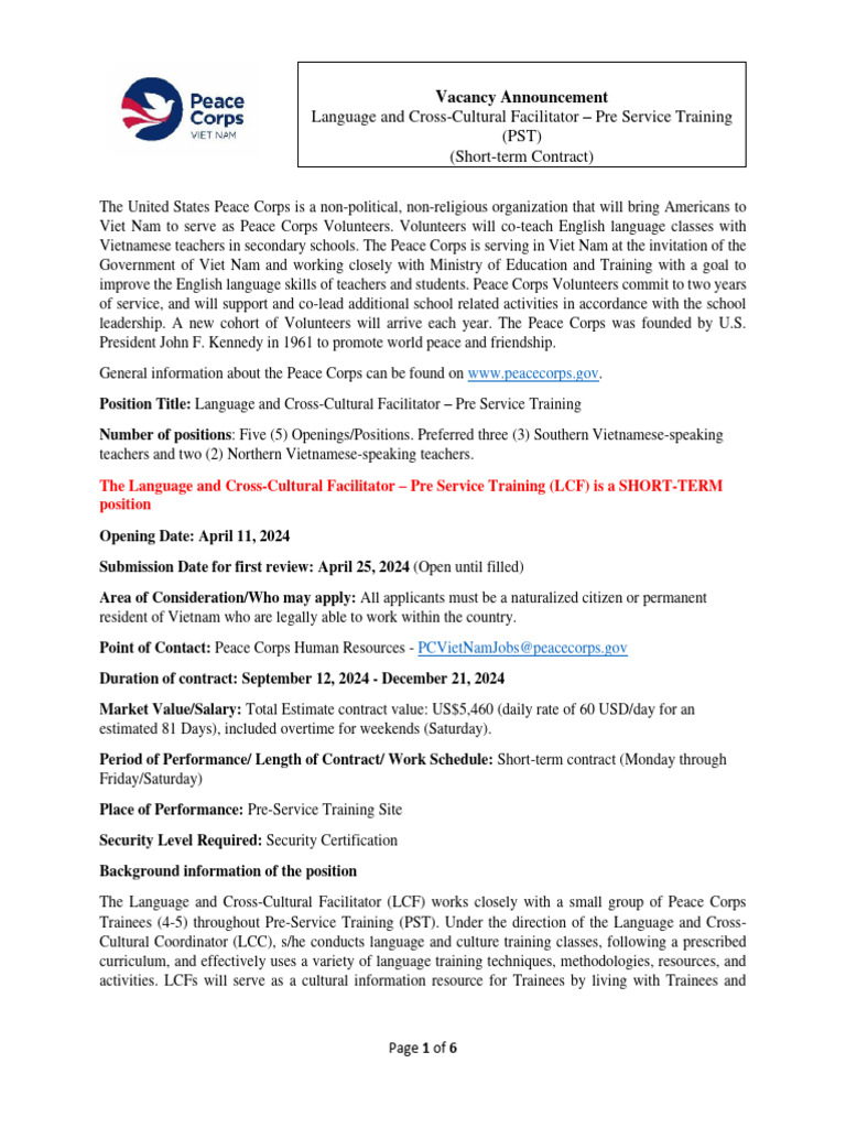 VN003 Vacancy Annoucement Language and Cross Cultural Facilitator LCF ...