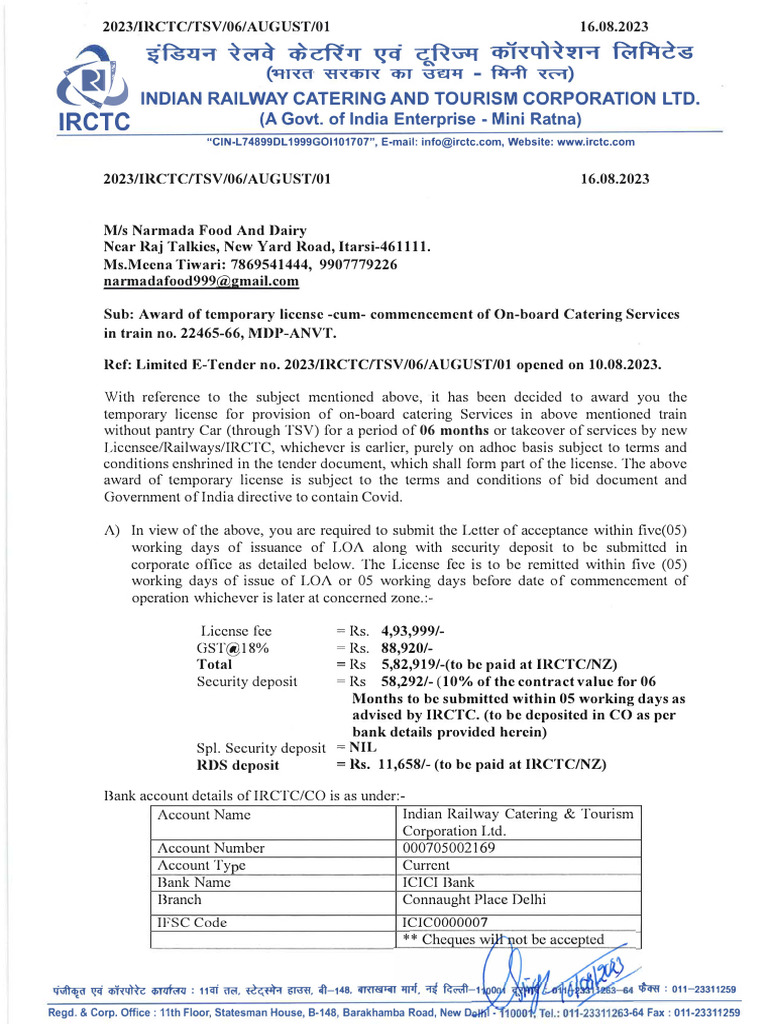 IRCTC Catering License for Train 22465 | PDF | Business | Business Law