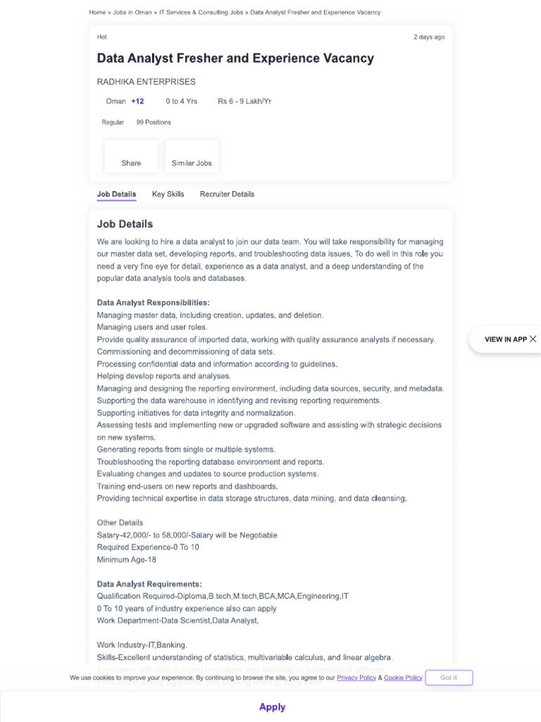 RADHIKA ENTERPRISES Hiring Fresher For Data Analyst | PDF