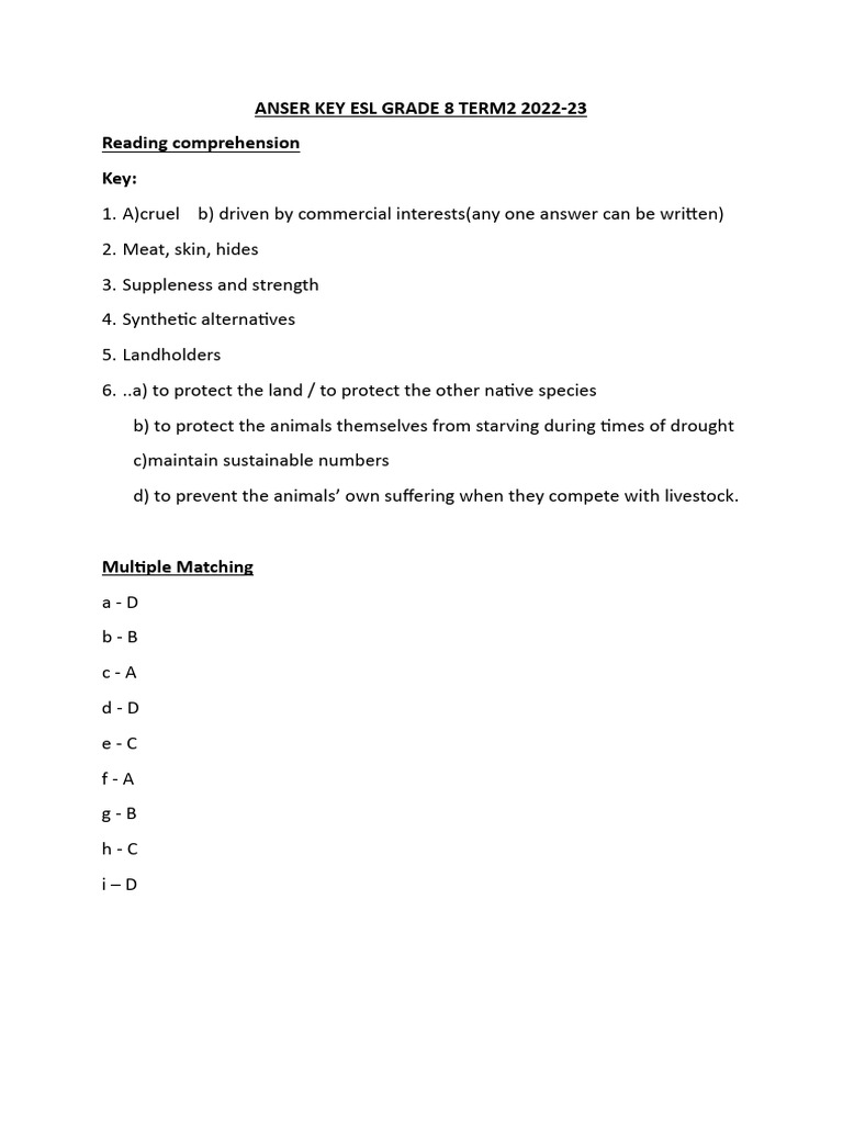 ESL Grade 8 Term 2 Answer Key | PDF