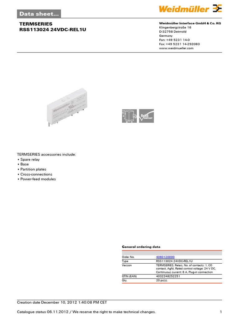Weidmüller RSS113024 Relay Datasheet | PDF | Relay | Electrical Engineering