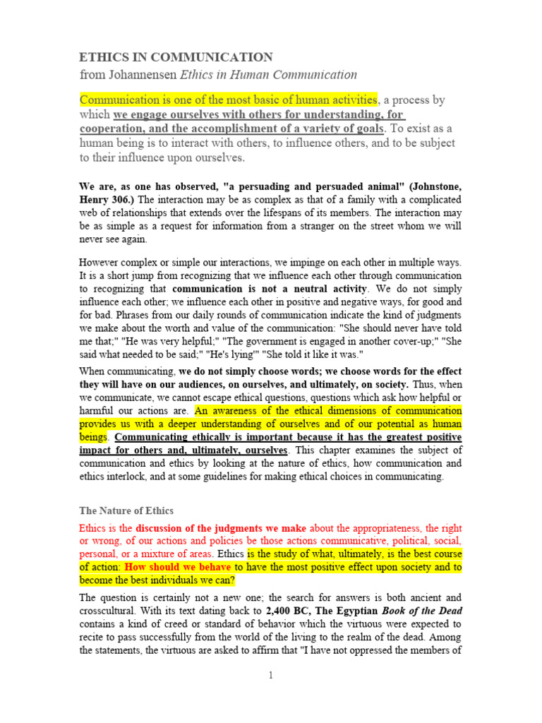 Ethics In Communication Pdf Virtue Communication