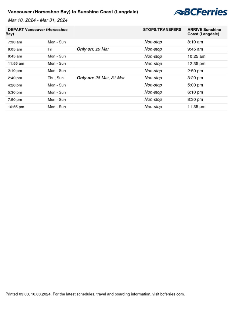 Langdale Ferry Schedule