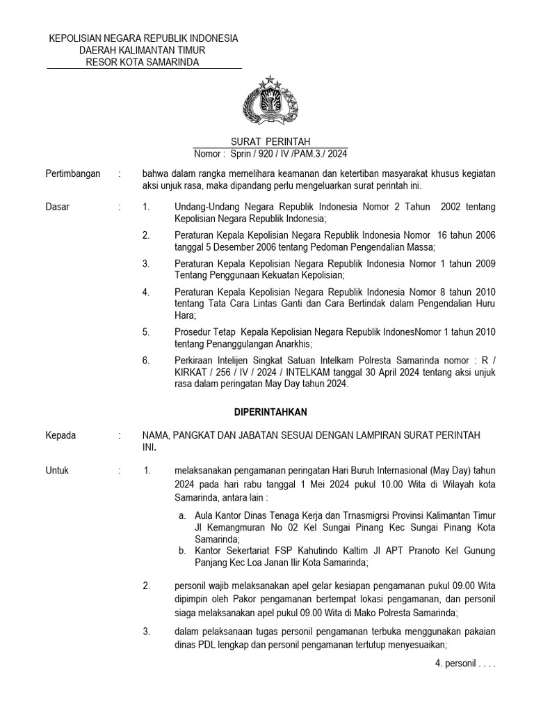 Sprin Pam Mayday Di Kota Samarinda Tanggal 1 Mei 2024 2 | PDF