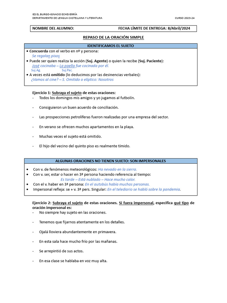 Refuerzo 4º Eso Hoja 1 3ºtrim Pdf Asunto Gramática Sintaxis