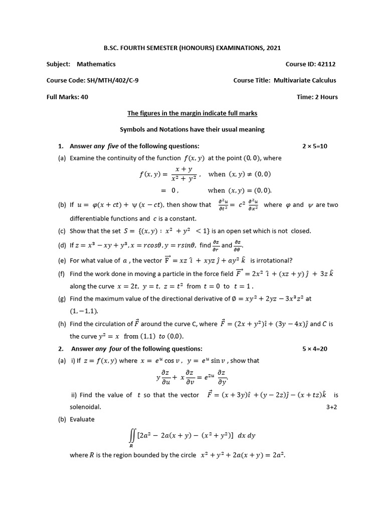 Multivariate Calculus Exam 2021 | PDF | Function (Mathematics ...