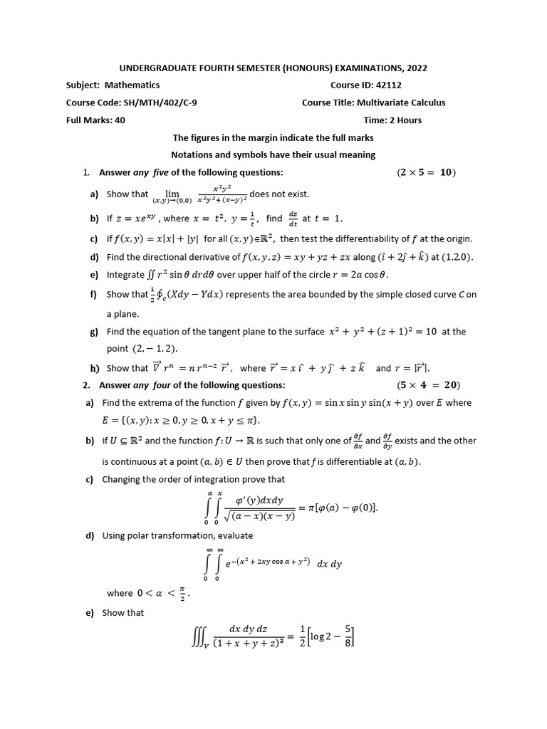 Multivariate Calculus Exam 2022 | PDF | Applied Mathematics ...