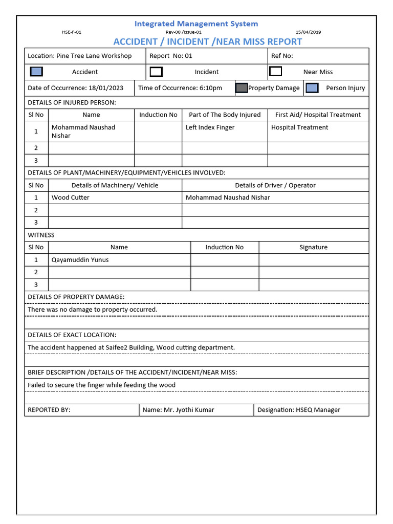 Accident Report: Wood Cutter Injury | PDF