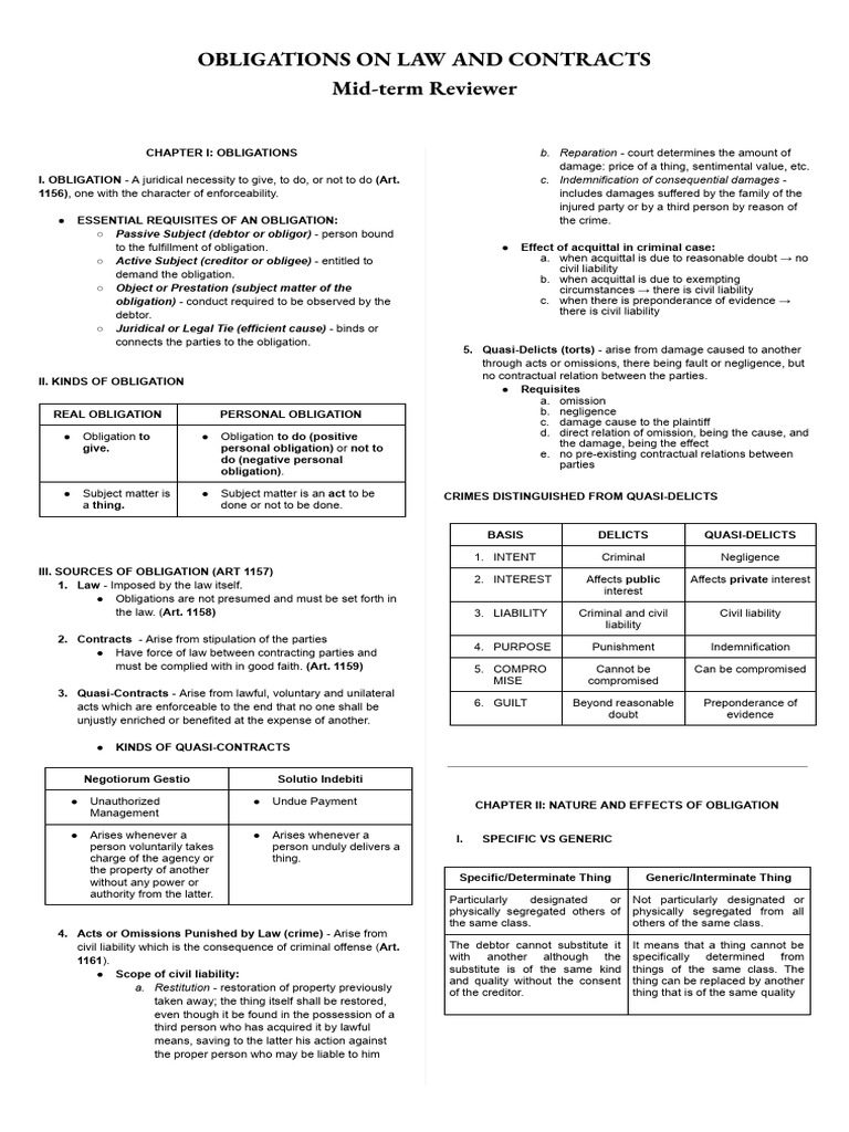 Obligations and Contracts Overview | PDF | Law Of Obligations | Legal ...
