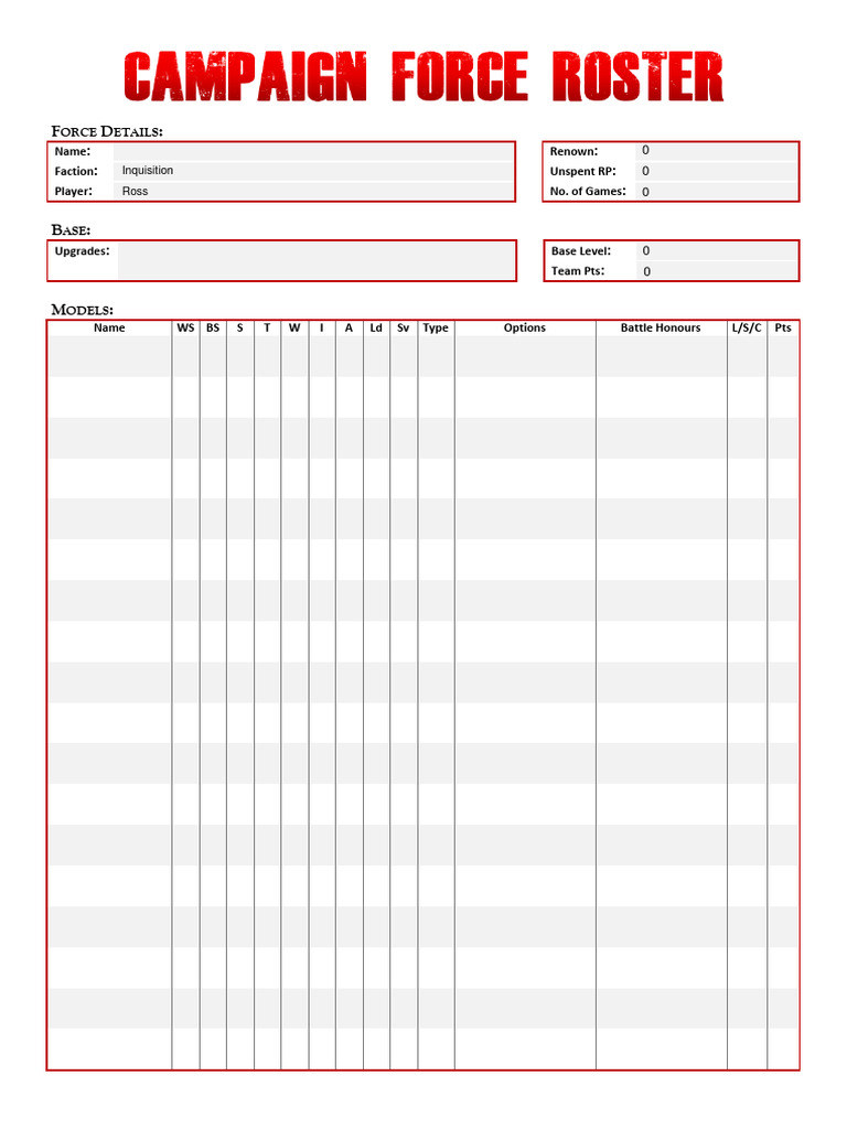 FILLABLE Kill Team Campaign Force Roster | PDF