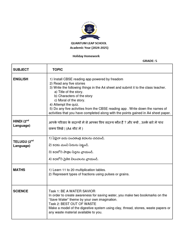 Grade 5 Holiday Homework Assignments | PDF