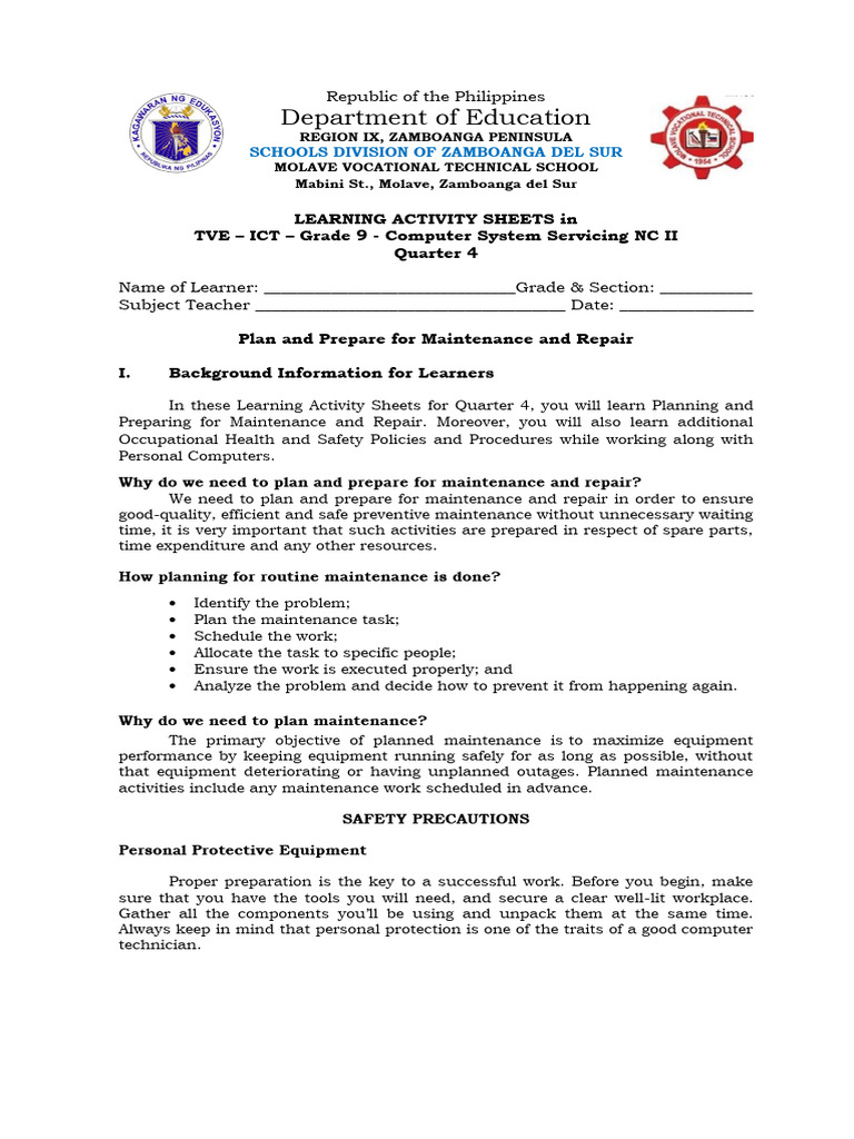 Department of Education: Learning Activity Sheets in TVE - ICT - Grade ...