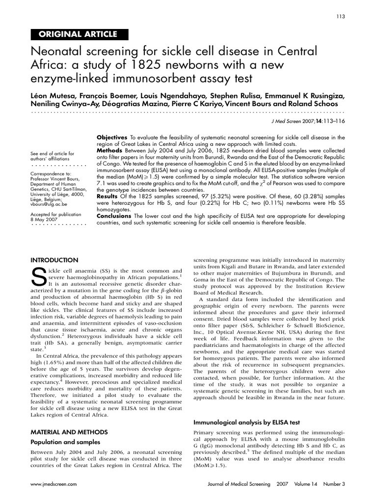 Mutesa Et Al 2007 Neonatal Screening For Sickle Cell Disease in Central