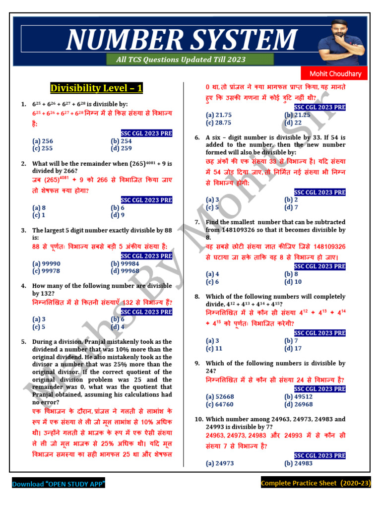 Number System Printable PDF (209 Q.'S) | PDF