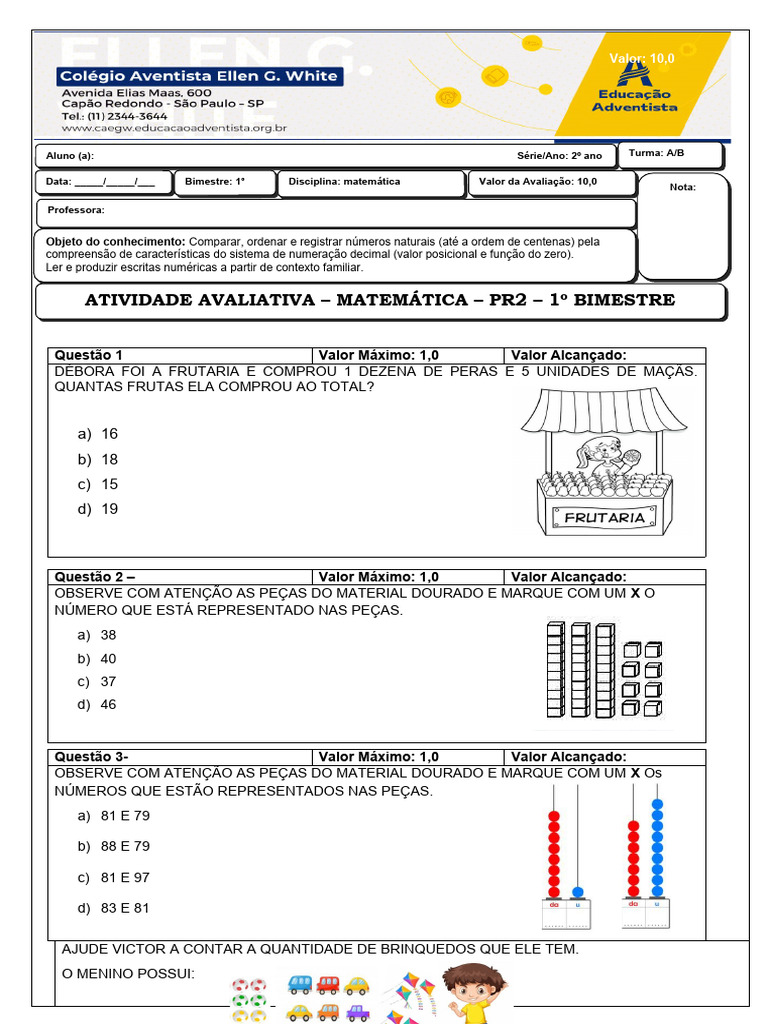PR2 MATEMÁTICA - 2º ANO 1º bimestre | PDF