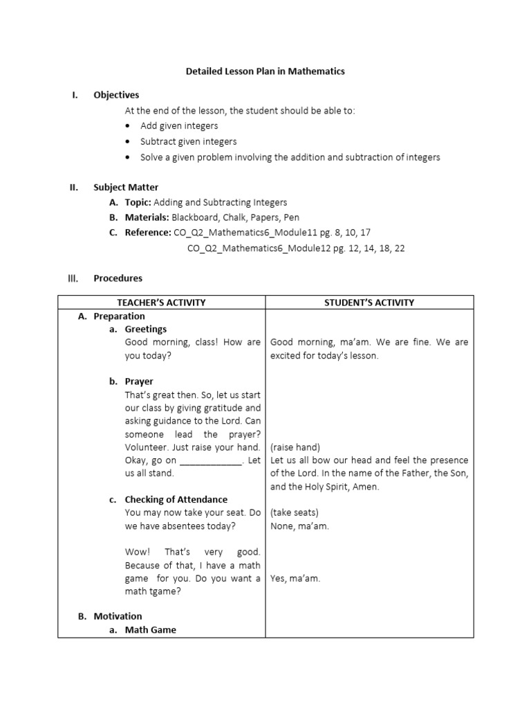 Lesson Plan: Adding & Subtracting Integers | PDF | Subtraction | Numbers