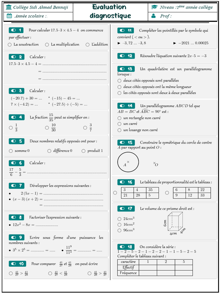 Contrôle Mathématiques 2AC Semestre 1 | PDF | Arithmétique | Mathématiques