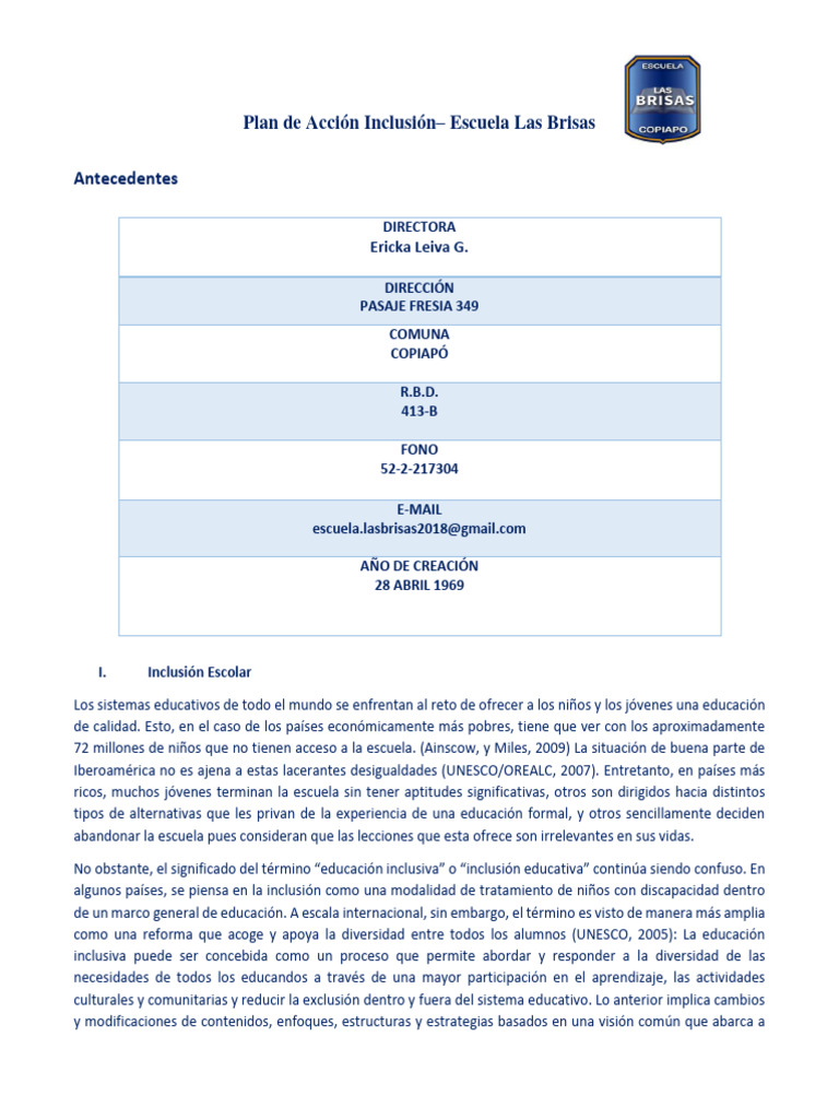 Plan Inclusión Escolar Las Brisas | PDF | Inclusión (Educación) | Escuelas