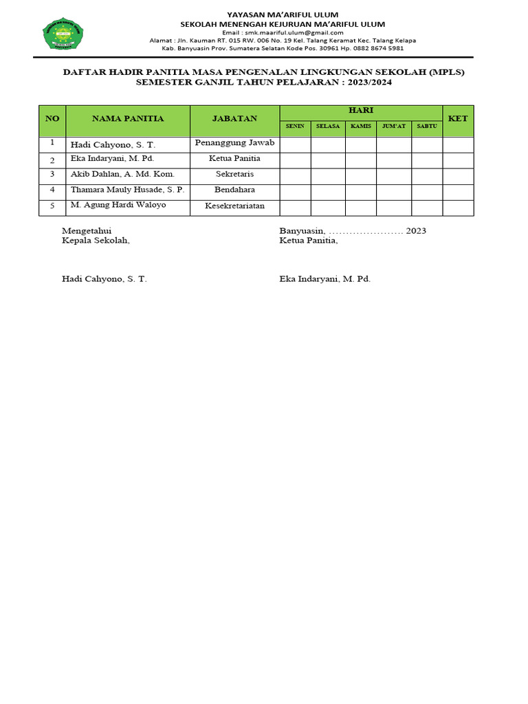 Daftar Hadir Panitia Mpls | PDF