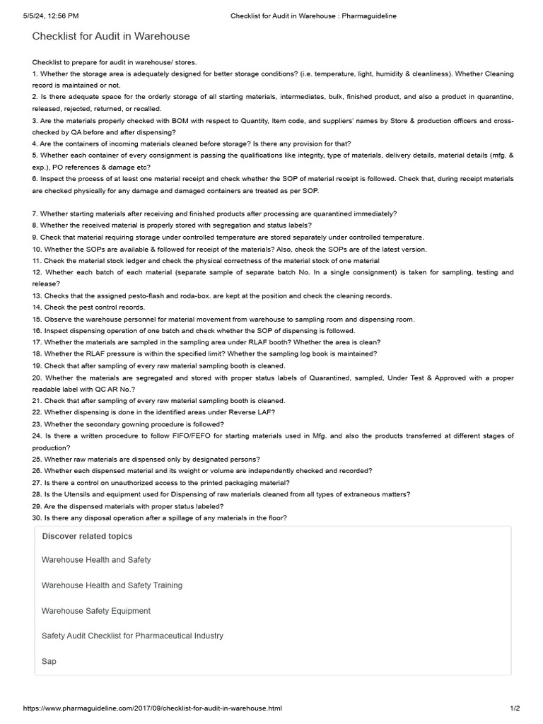 Warehouse Audit Checklist for Pharma | PDF | Warehouse | Packaging And ...
