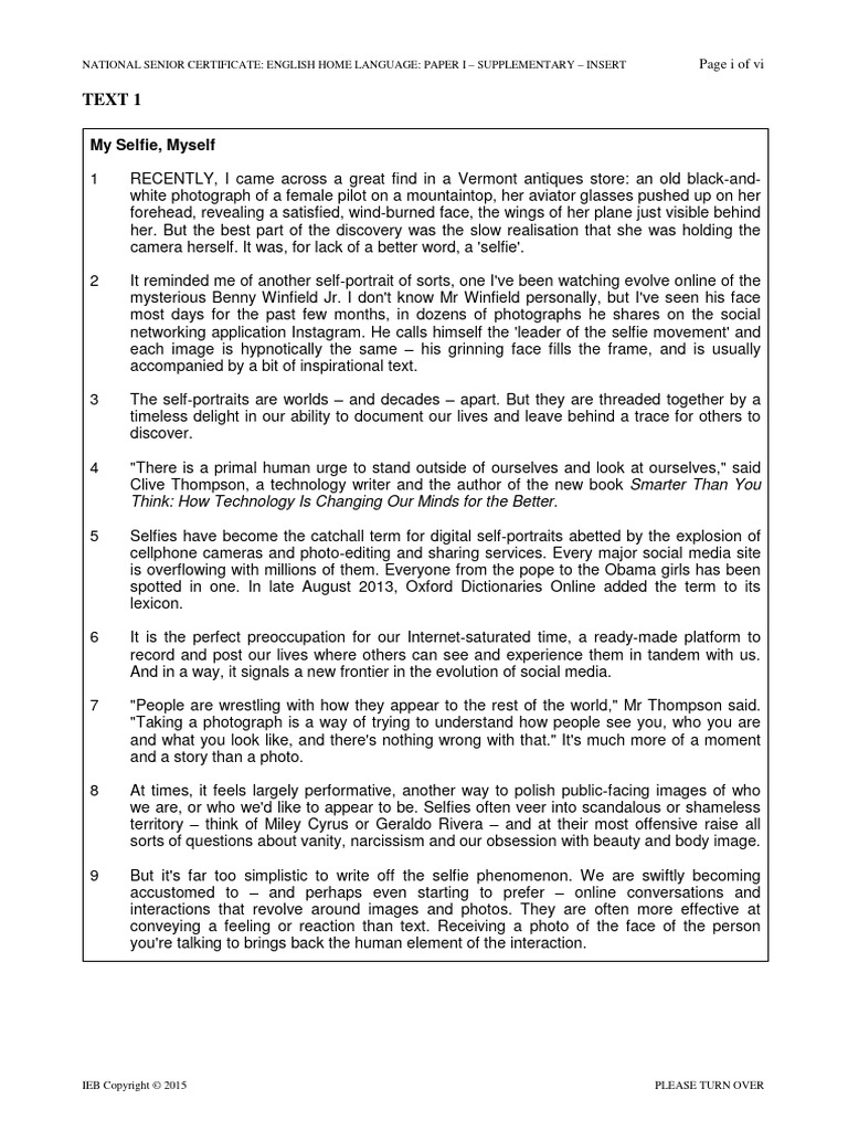 English HL P1 Insert 2015 TN | PDF | Selfie