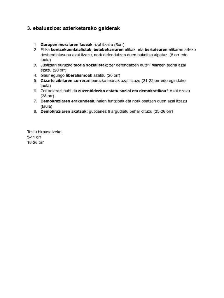 Ebaluazioa - Azterketarako Galderak | PDF
