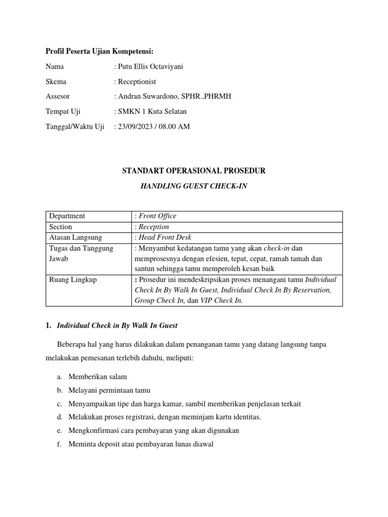 Prosedur Check-In Tamu Hotel | PDF