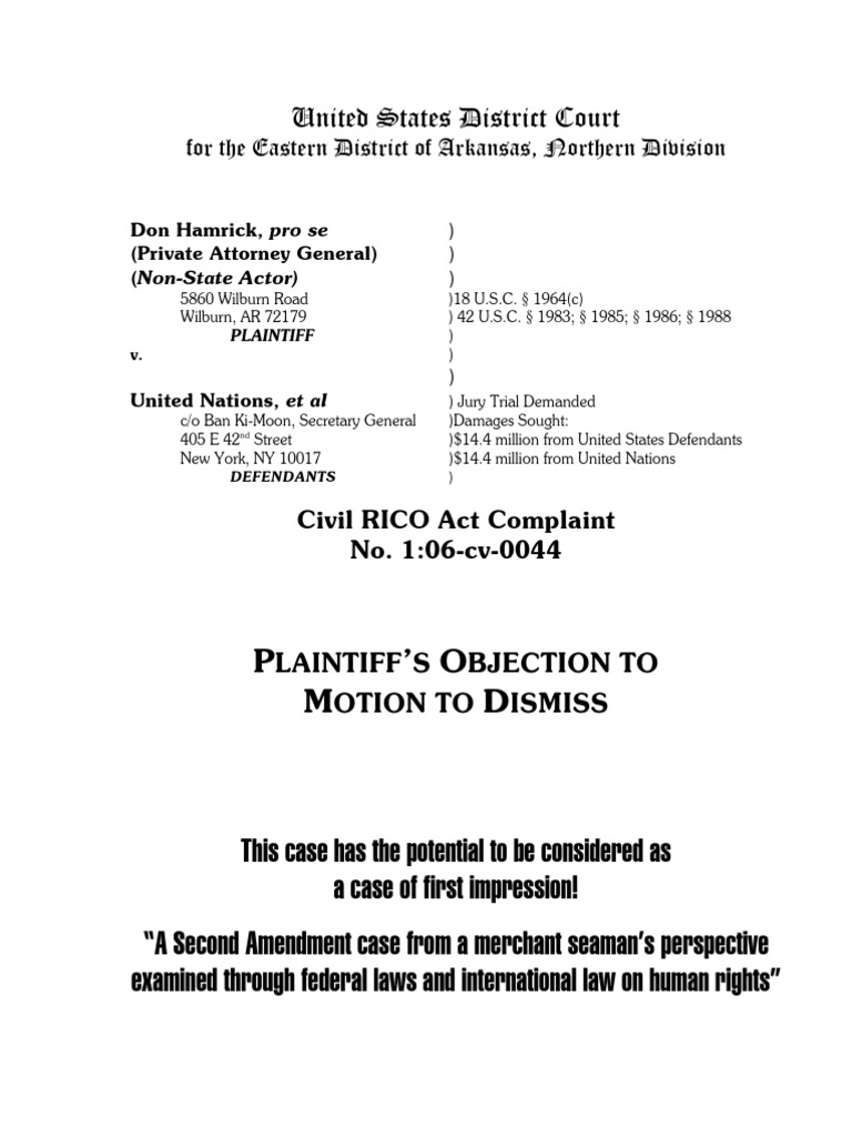 Plaintiff Objection to Motion to Dismiss 06-0044 | Summary Judgment ...