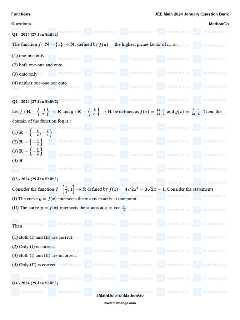 Functions - JEE Main 2024 January Question Bank - MathonGo | PDF ...