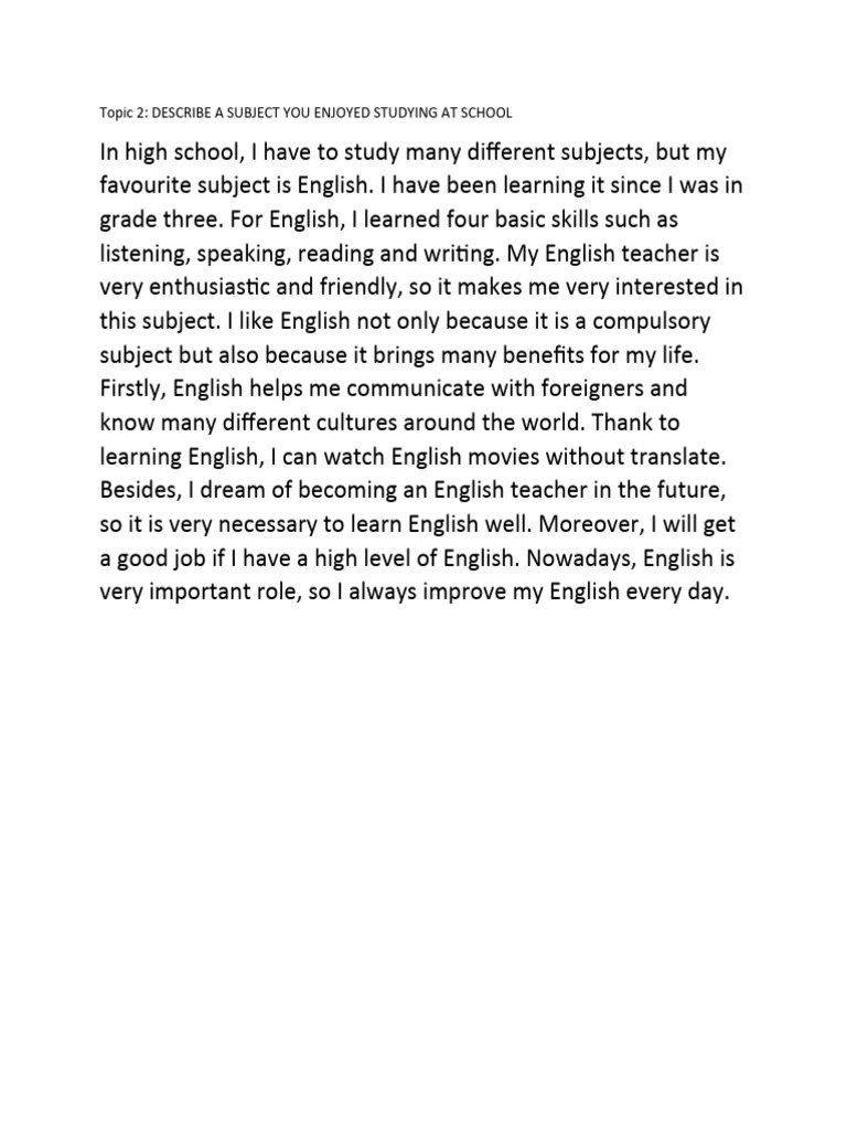 Describe a subject you enjoyed studying at school pdf