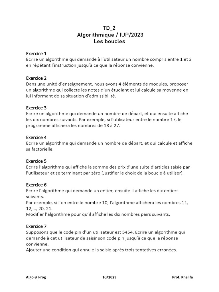 Exercices d'Algorithmique et Boucles | PDF