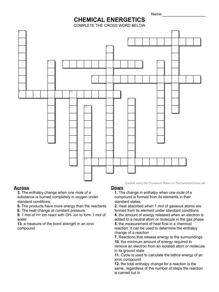 Crossword CHEMICAL ENERGETICS PDF Chemical Reactions Chemistry