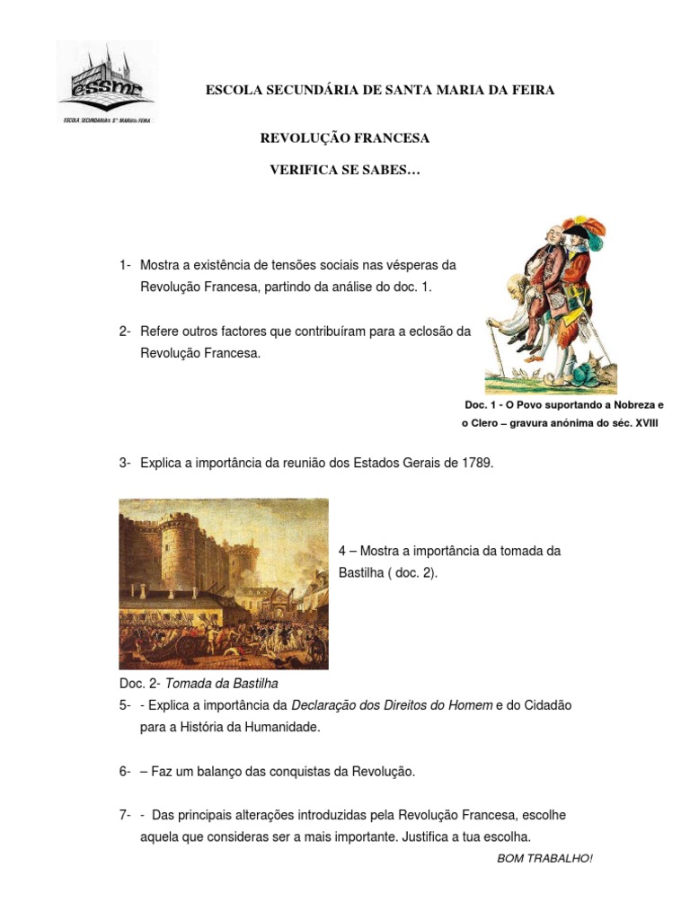 Exercicios De Historia Revolução Francesa 8o Ano