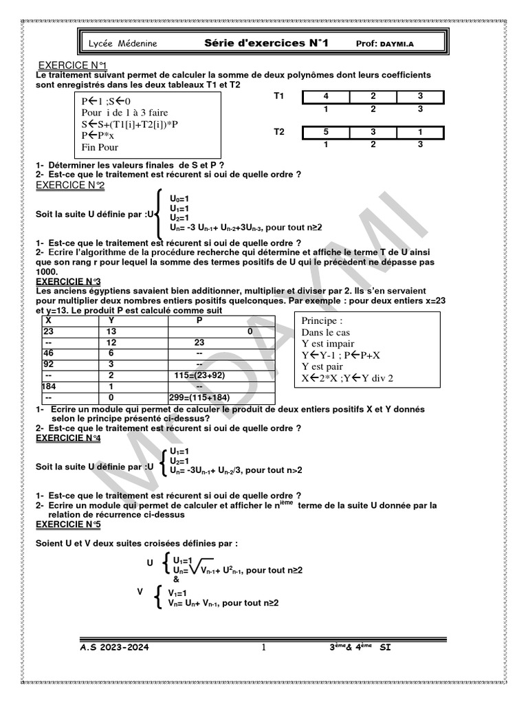 Exercices de programmation en algorithmes | PDF | Somme (arithmétique ...