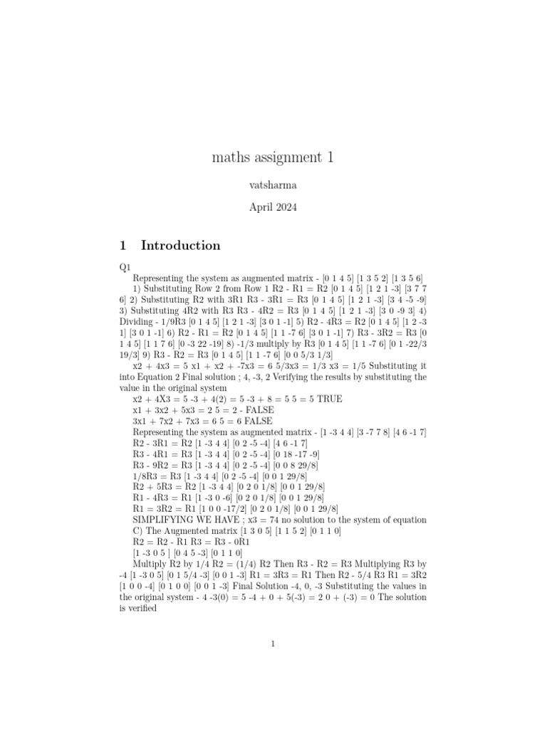 Math Assignment: Augmented Matrices | PDF | Applied Mathematics | Algebra