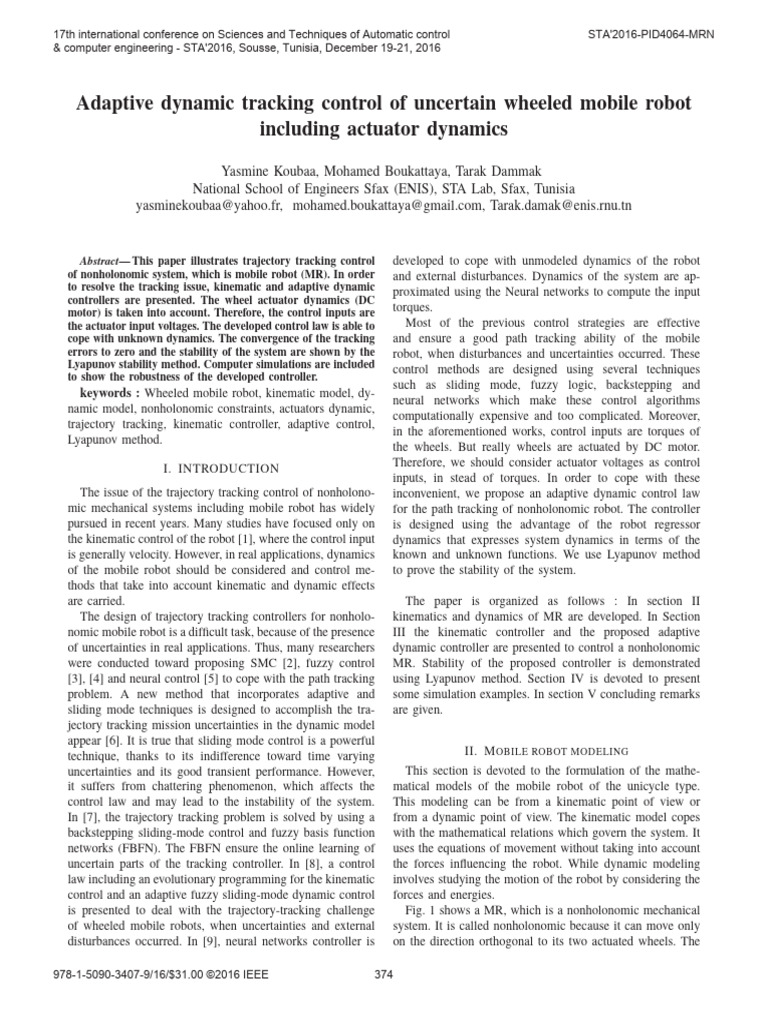 Adaptive Control for Mobile Robot Tracking | PDF | Control Theory ...