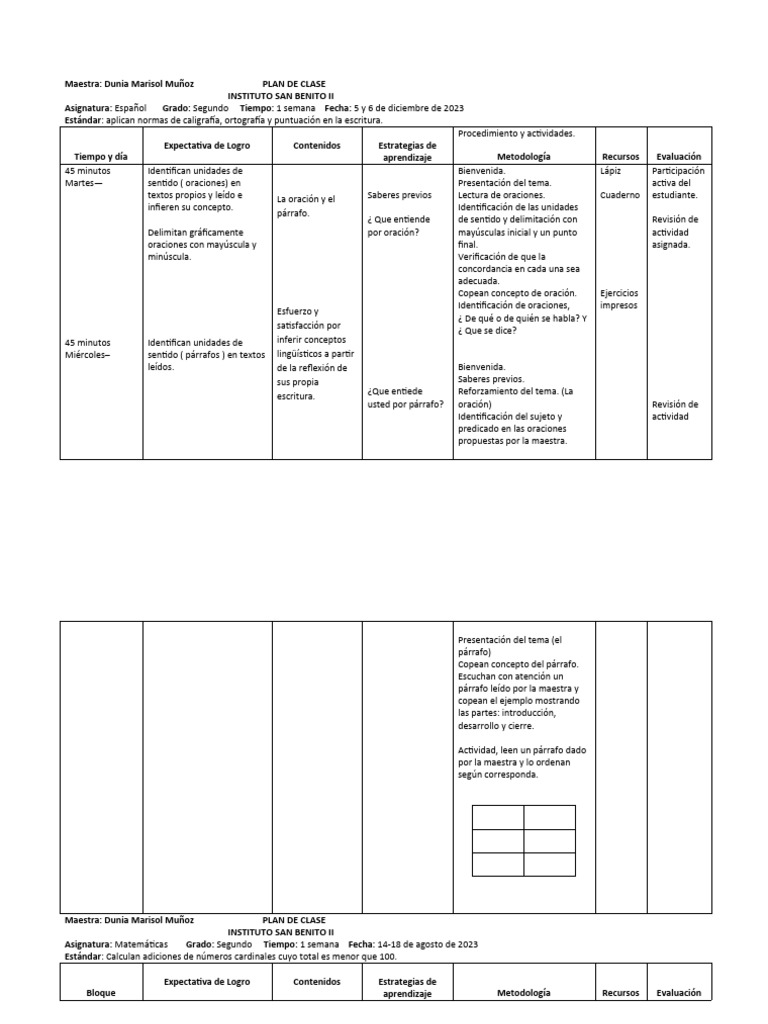 Plan de Clase para Segundo Grado | PDF | Sustracción | Matemáticas