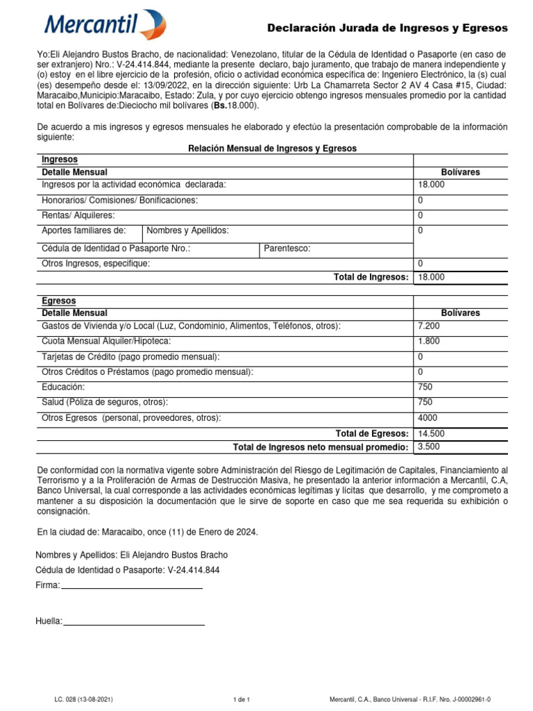 Declaracion Jurada de Ingresos y Egresos 2021 | PDF | Documento de ...