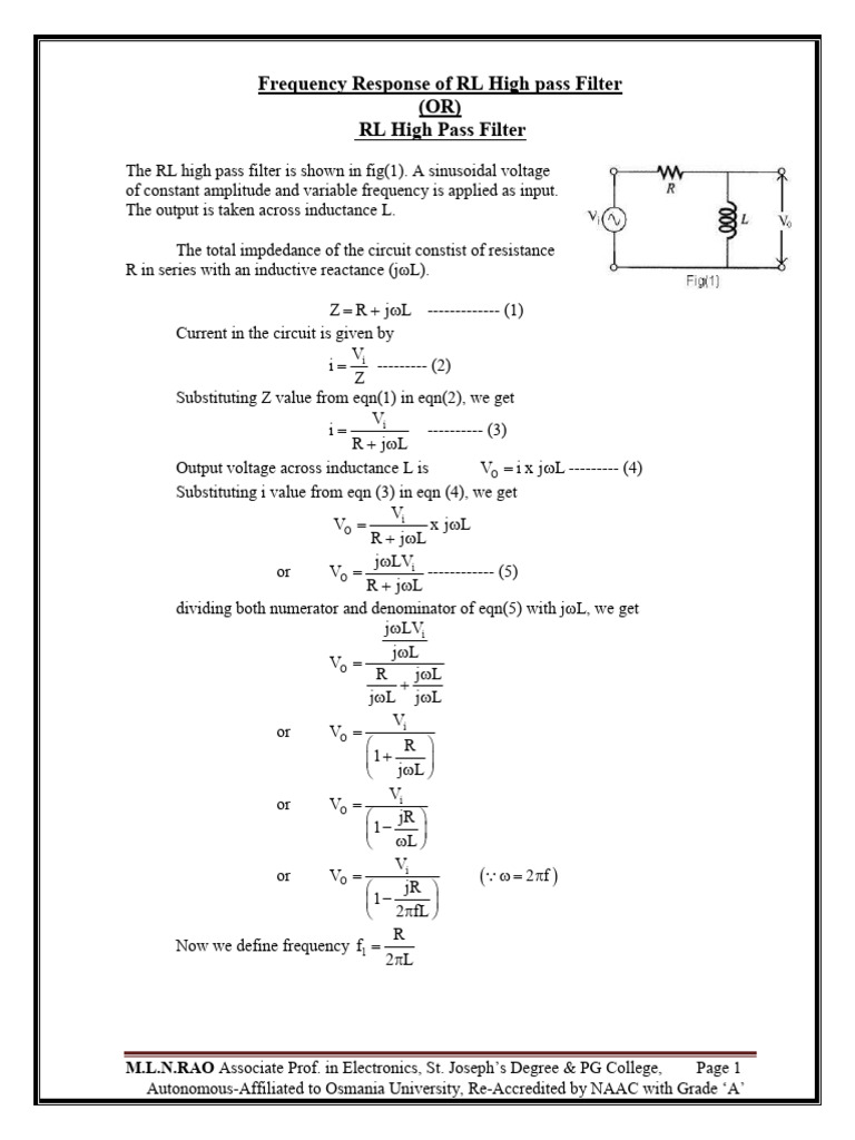 Frequency Response of RL High Pass Filter | PDF | Electrical Impedance ...