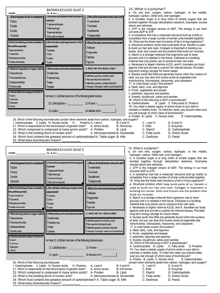 BIOMOLECULES QUIZ 2 PDF Carbohydrates Biomolecules