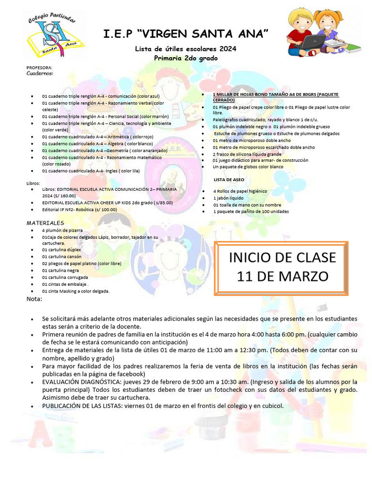 Lista Útiles 2024 2do Grado Primaria | PDF | Matemáticas