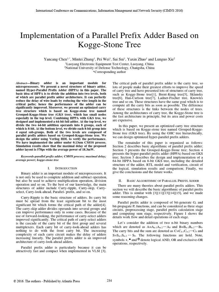 Implementation of a parallel prefix adder based on kogge stone tree