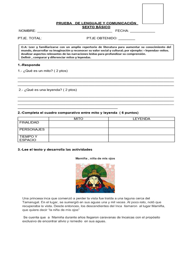 Prueba Mitos Leyenda 6° Basico | PDF