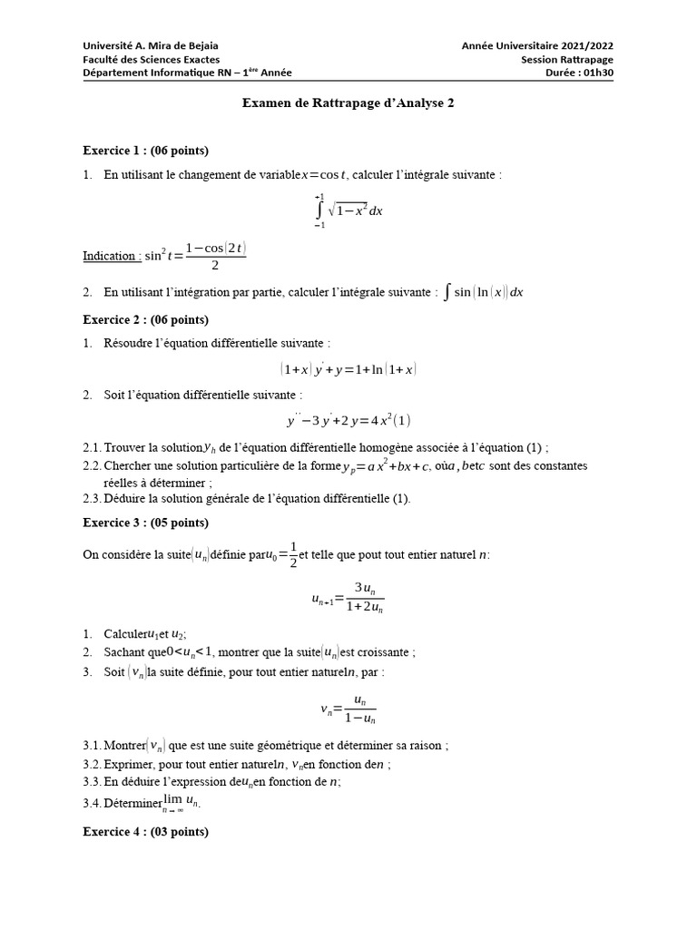 Examen de Rattrapage Analyse 2 | PDF | Intégral | Mathématiques