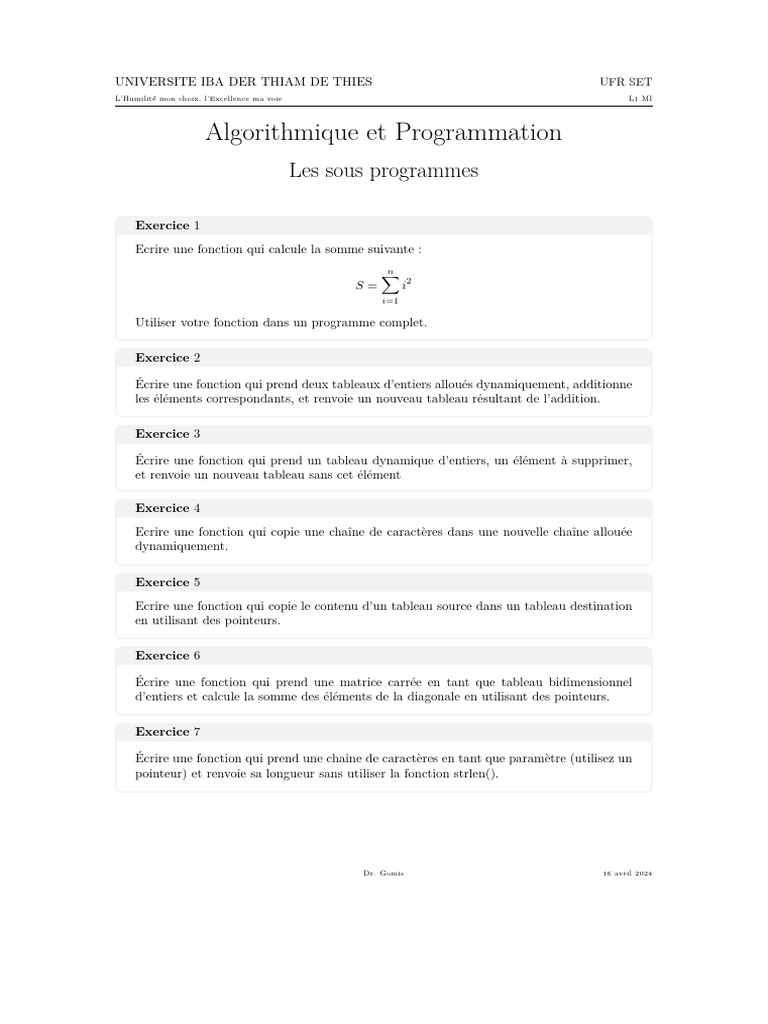 Exercices d'Algorithmique et Programmation | PDF | Pointeur ...