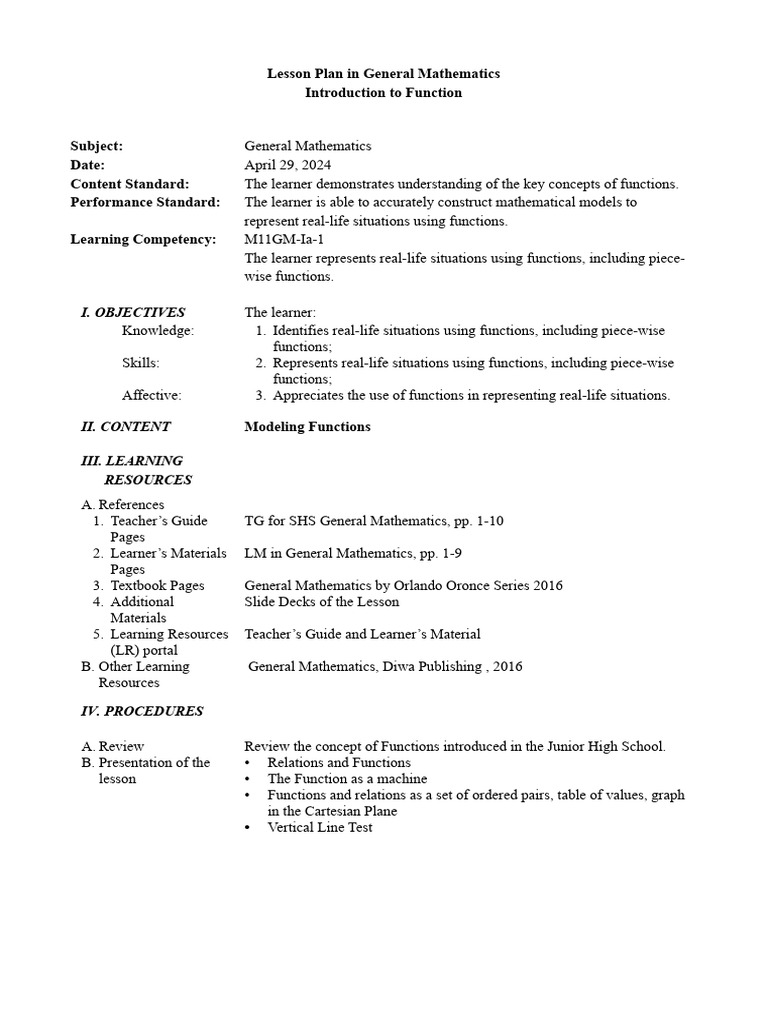 Lesson Plan on Introduction to Function | PDF