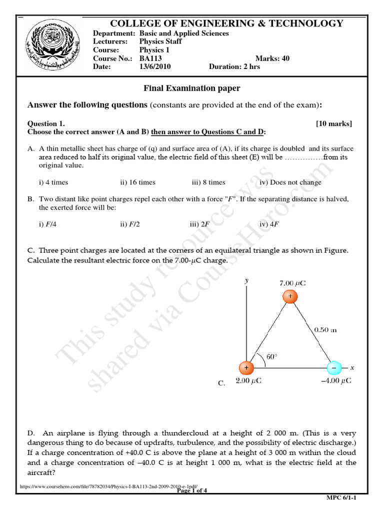 Physics 1 Final Exam Questions | PDF | Capacitor | Voltage