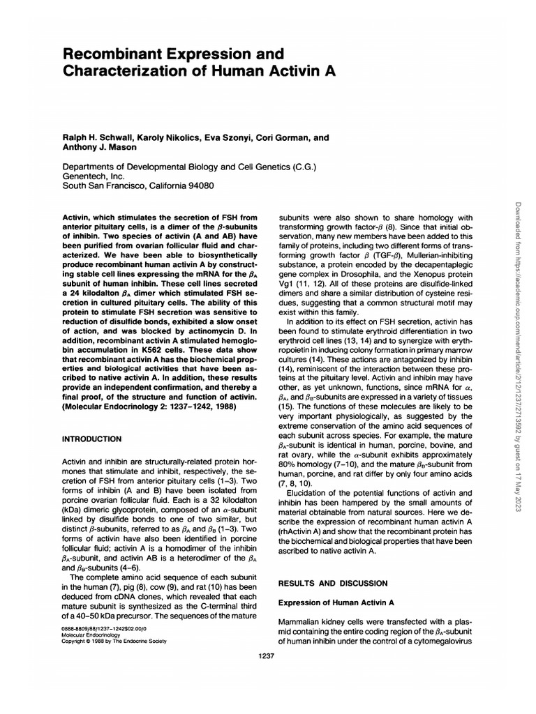 Recombinant Expression and Characterization of Human Activin A | PDF ...